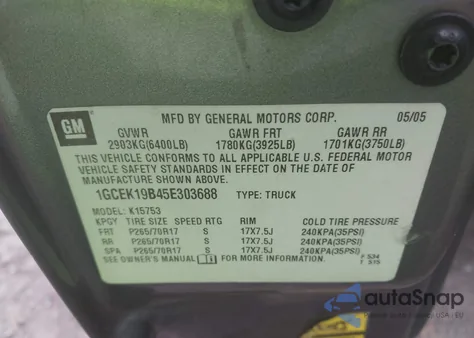 2005 Chevrolet Silverado 1500 Lt z USA, uszkodzony, nr VIN 1GCEK19B45E303688